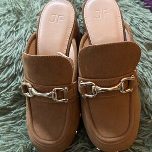 JustFab Tan Mules with Horsebit Detail